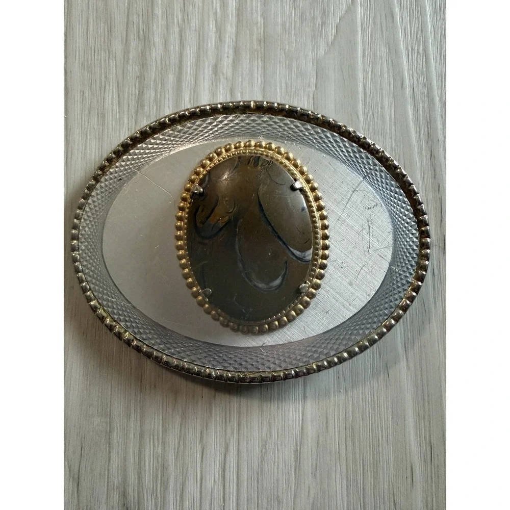 Agate Belt Buckle Oval Dark Banded Two Tone Diamond Cut Border Gold Bezel Vtg